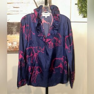 Elizabeth McKay 100% Silk Size 6 Navy Top with Pink Animal Print‎